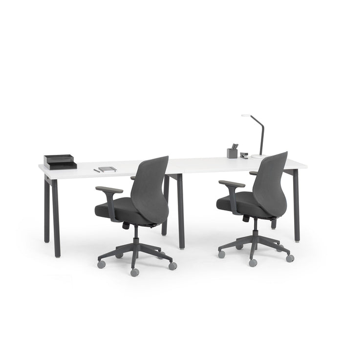 Modern office setup with white desk, ergonomic chairs, and office supplies. (White-57&quot;)
