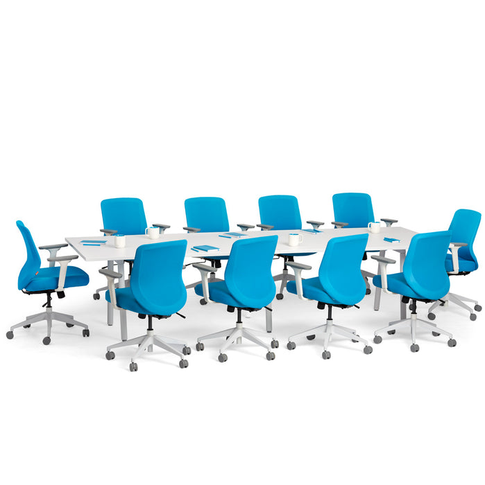 Modern blue office chairs around a modular white conference table on a white background. (White-124&quot; x 42&quot;)(White-124&quot; x 42&quot;)