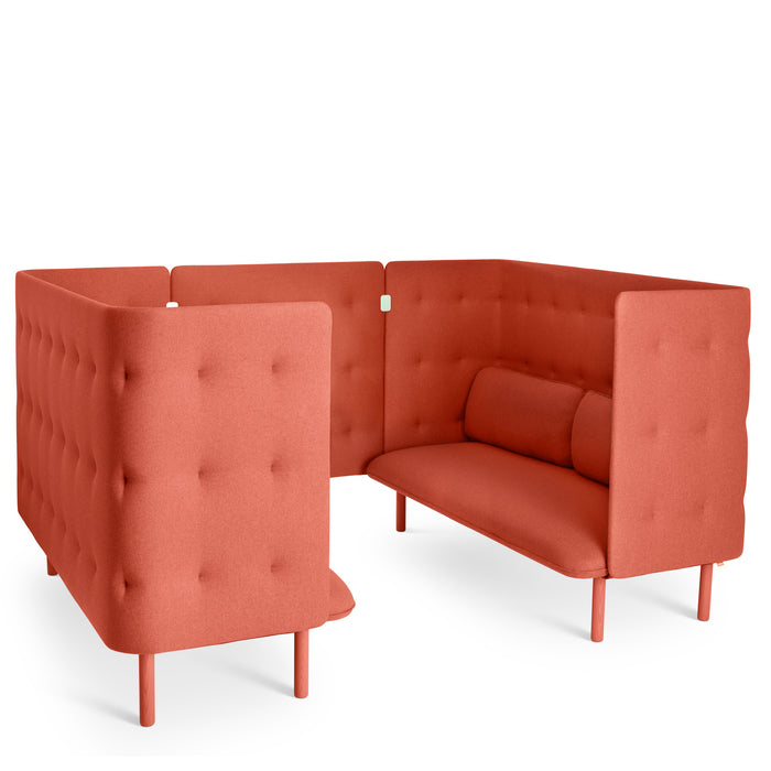 L-shaped coral red sectional sofa with tufted backrest isolated on white background. (Brick-Brick)