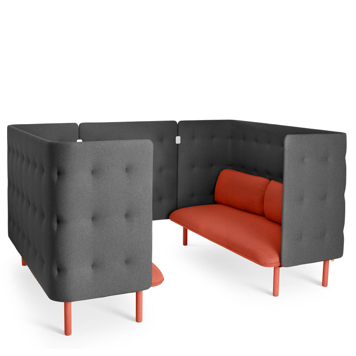 Modern grey L-shaped sofa with red cushions on white background. (Brick-Dark Gray)