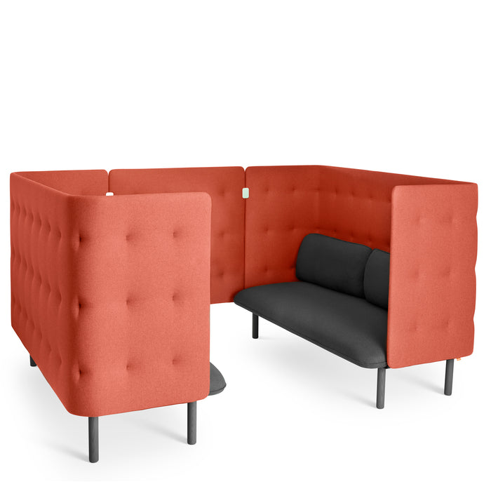 L-shaped coral tufted booth with black seat cushions on a white background. (Dark Gray-Brick)