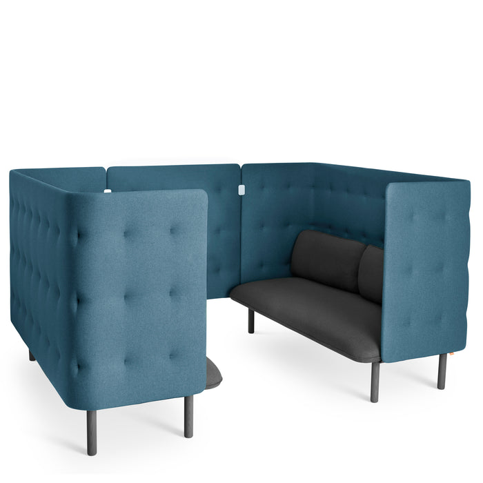 Blue tufted office booth with privacy panels and gray cushions. (Dark Gray-Dark Blue)