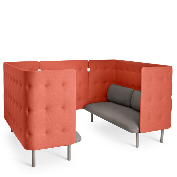 Modern coral red corner sofa with grey cushions on a white background (Gray-Brick)