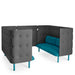 L-shaped gray modern office booth with blue seat cushions and privacy panels. (Teal-Dark Gray)