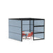 Modern office cubicle with blue partitions, shelves, and red chairs on a white background. (Black-Private-Blue Panel)