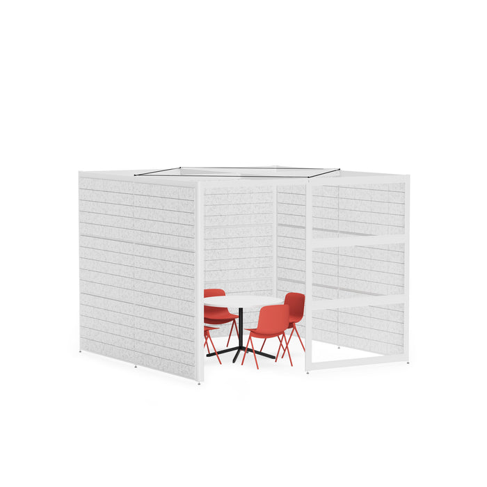 Modern office cubicle with white partitions, red chairs, and a desk with shelves on white background. (White-Private-White Panel)