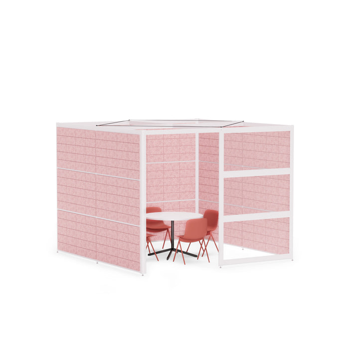 Modern office booth with pink acoustic panels, white frame, and red chairs (White-Private-Rose Panel)