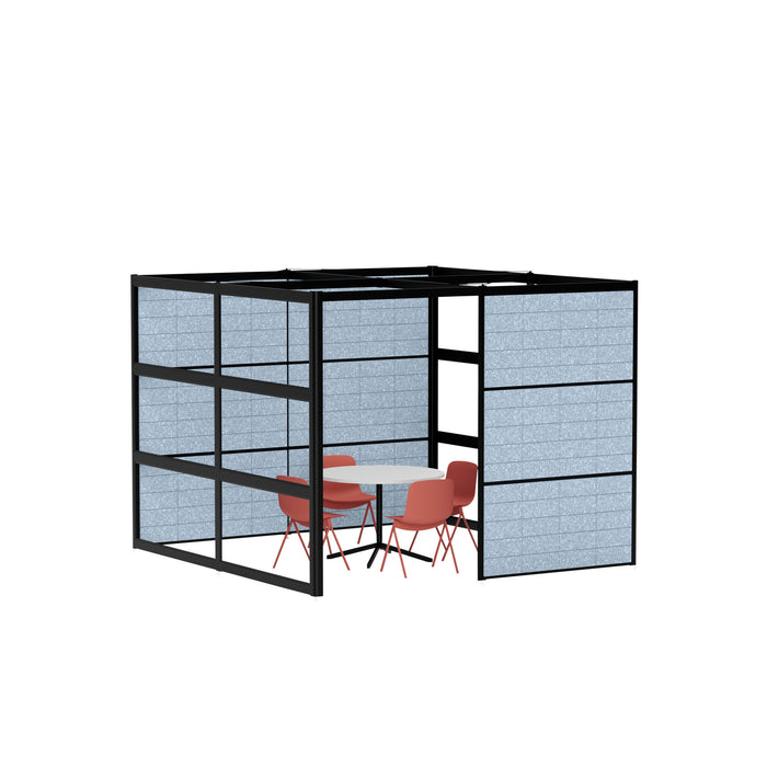 3D rendering of modern office cubicle with blue partitions and red chairs (Black-Semi-Private-Blue Panel)