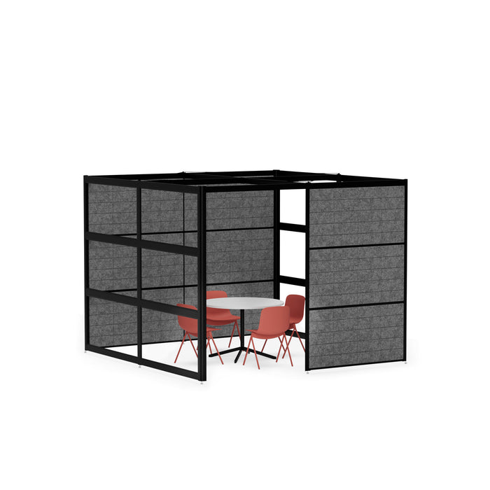 Modern office cubicle with black partitions and red chairs on a white background. (Black-Semi-Private-Black Panel)