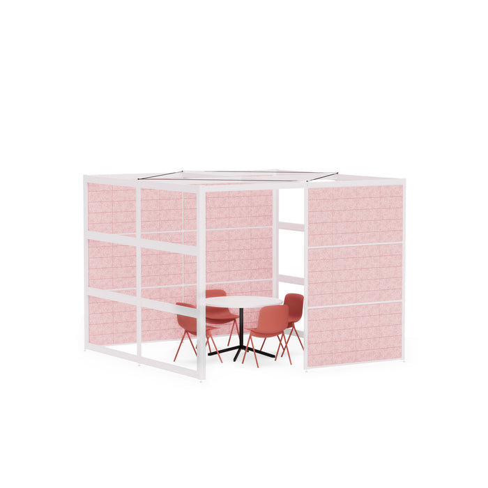Modern office cubicle with pink partitions, white frame, and a red chair setup. (White-Semi-Private-Rose Panel)