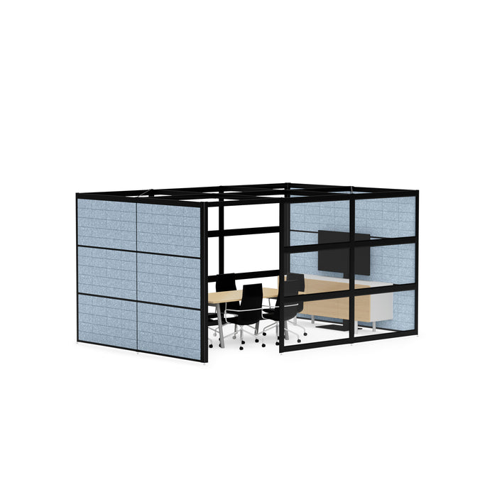 3D rendering of modern office cubicle with desk and chair on white background (Black-Semi-Private-Blue Panel)