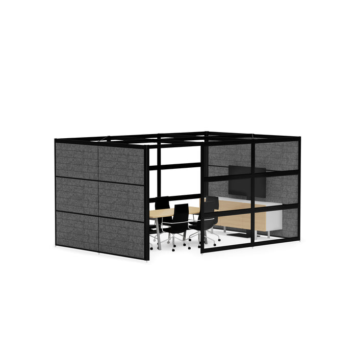 Modern office cubicle with black frames and ergonomic chairs on white background (Black-Semi-Private-Black Panel)
