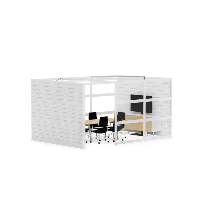 Modern office cubicle with black chairs and wooden desks on white background. (White-Semi-Private-White Panel)