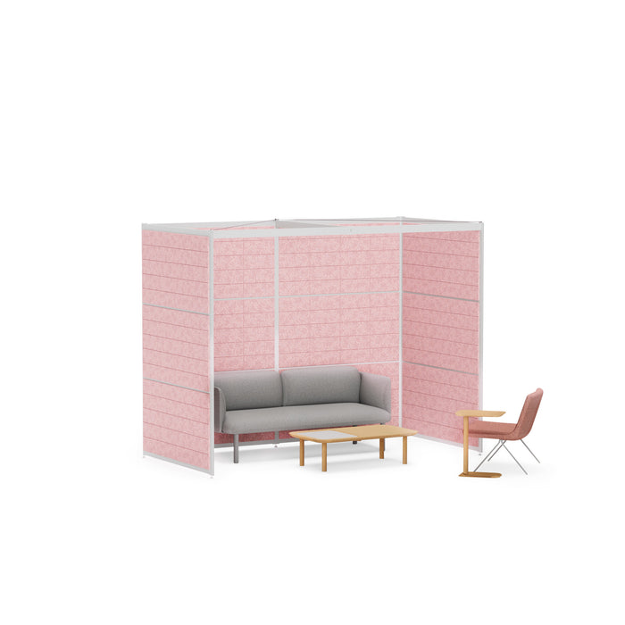 Modern office furniture with gray sofa, pink privacy panels, and side table on a white background. (White-Private-Rose Panel)