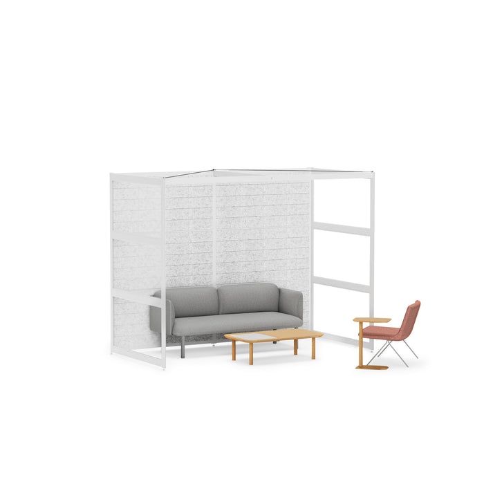 Modern office furniture arrangement with gray couch, wooden table, and partition walls on white background. (White-Semi-Private-White Panel)
