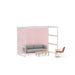 Modern office cubicle with grey sofa, wooden coffee table, and pink paneling on a white background. (White-Semi-Private-Rose Panel)