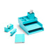 Blue office desk organizer set with stapler, tape dispenser, and notepad on white background. (Aqua)