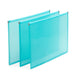 Three turquoise glass office partitions standing in a row on a white background. (Aqua)