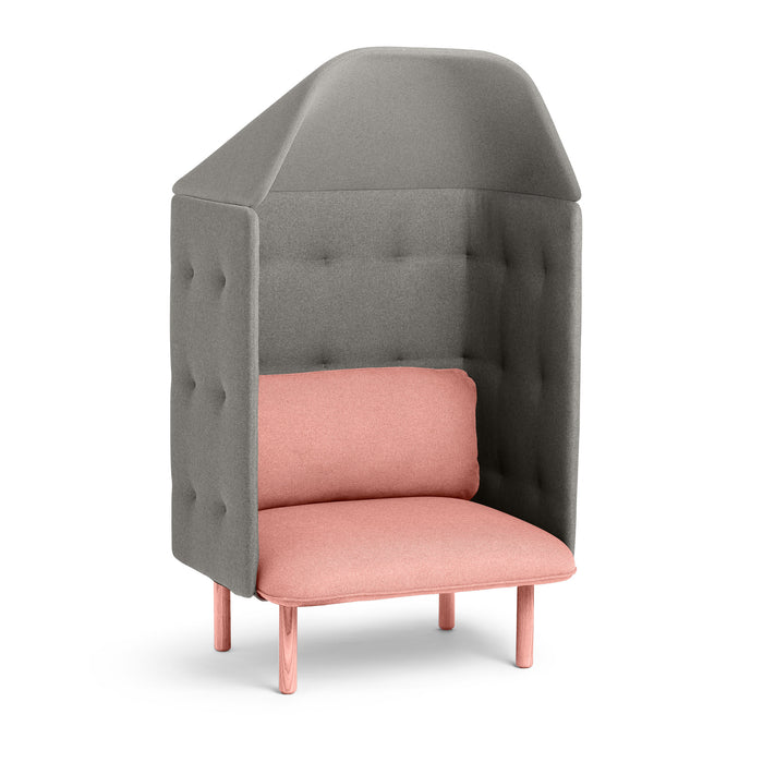 High-back gray privacy chair with pink cushions and wooden legs on a white background. (Blush-Gray)