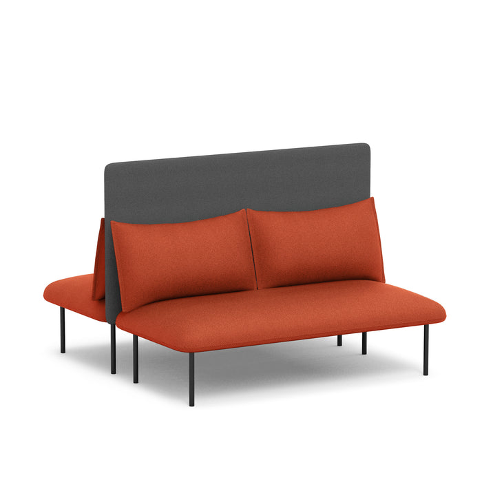 Modern red fabric sofa with gray backrest and black metal legs on a white background. (Brick-Dark Gray)