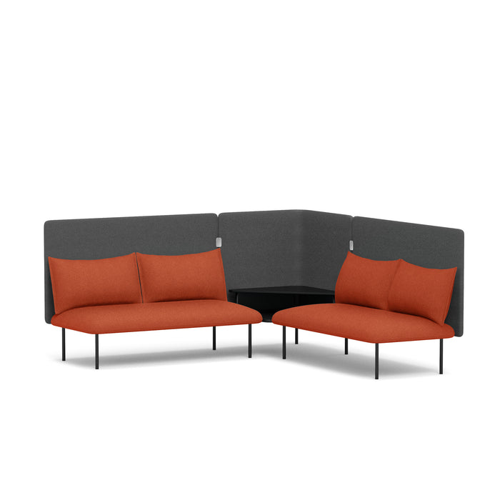 Modern corner office lounge sofa with red cushions and gray backrest on white background. (Brick-Dark Gray)