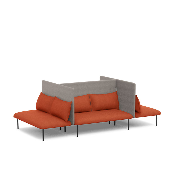 Modern red fabric sofa with grey backing and black legs on white background. (Brick-Gray)