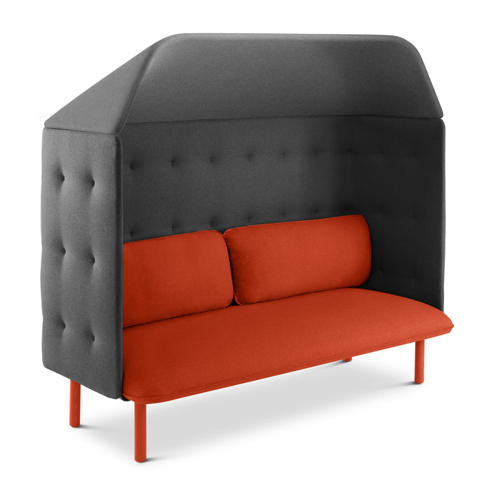 Modern privacy booth-style sofa with gray backrest and orange cushions on white background. (Brick-Dark Gray)