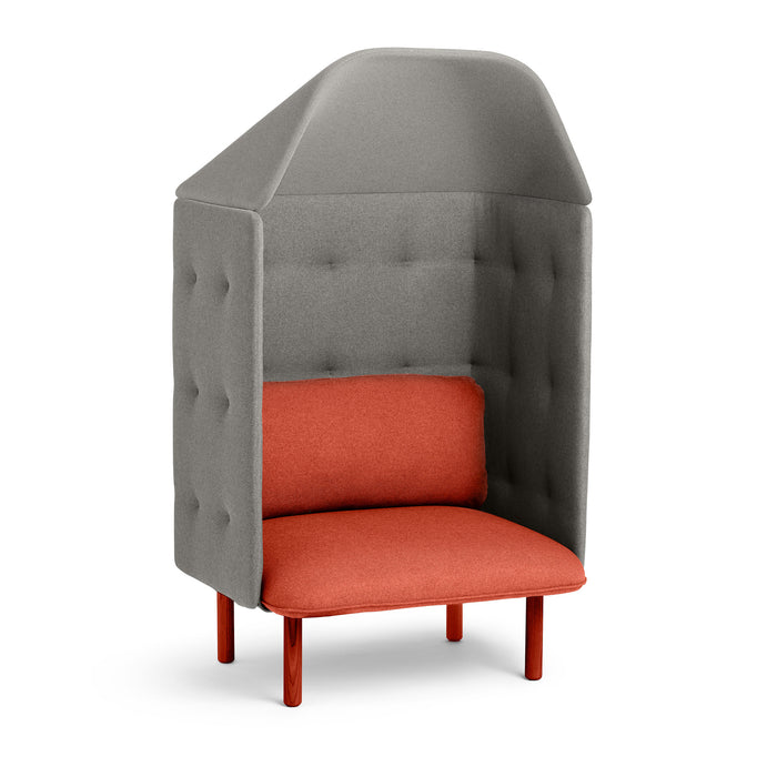 High-backed armchair with gray exterior and red cushions on white background. (Brick-Gray)
