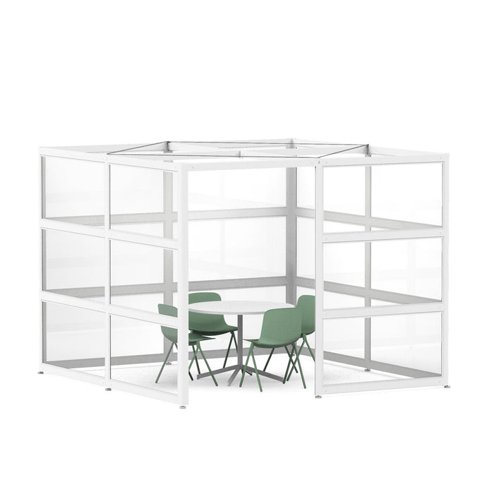 White modern office cubicle with green chairs and transparent partitions (White-Open-Clear Glass)