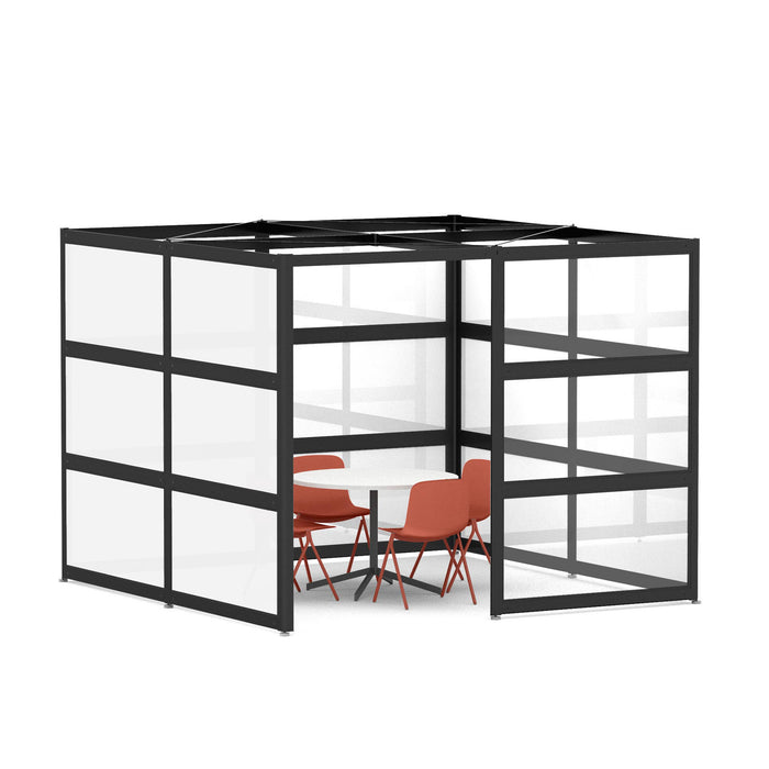 Modern office cubicle with black frames, white panels, and a table with red chairs. (Black-Private-White Glass)
