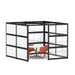 Modern office cubicle with black frames, white panels, and a table with red chairs. (Black-Private-White Glass)