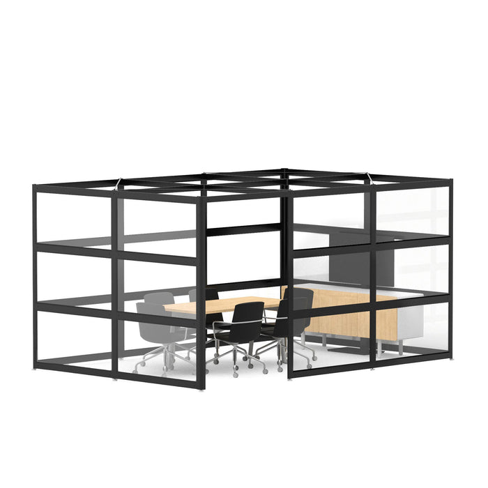 Modern office cubicle with desks and chairs on white background. (Black-Open-Clear Glass)
