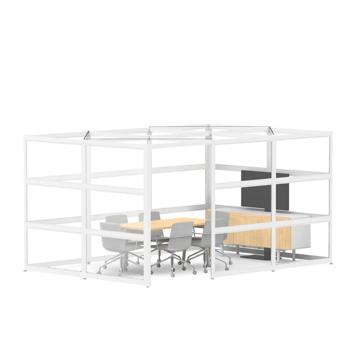 Modular office cubicle setup with desks and chairs on a white background. (White-Open-Clear Glass)