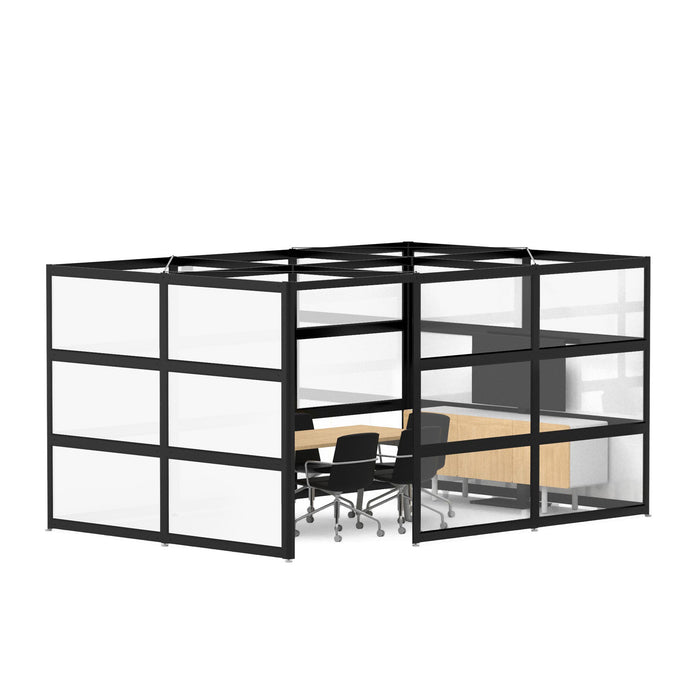 Modern office cubicle with black frames, wooden desks, and chairs on white background. (Black-Private-White Glass)