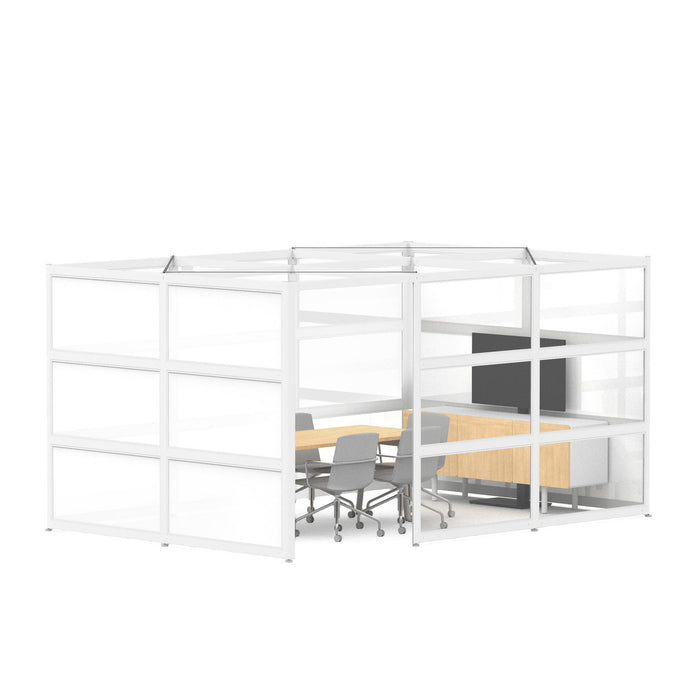 Modular office cubicles with desks and chairs in an open space configuration. (White-Private-White Glass)