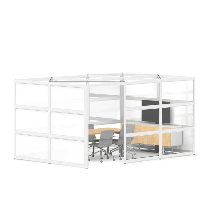 Modern office cubicle with a wooden desk, chair, and partition walls on a white background. (White-Semi-Private-White Glass)