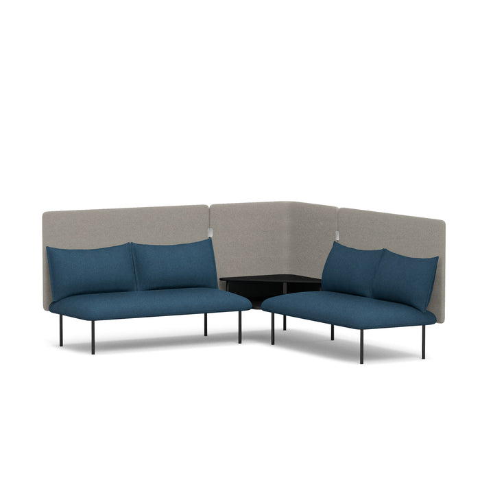 Modern L-shaped office lounge sofa with blue cushions and beige backrest on white background. (Dark Blue-Gray)