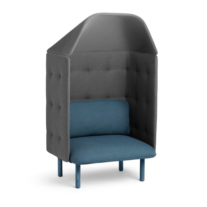 High-back privacy chair in gray with blue cushions and wooden legs (Dark Blue-Dark Gray)