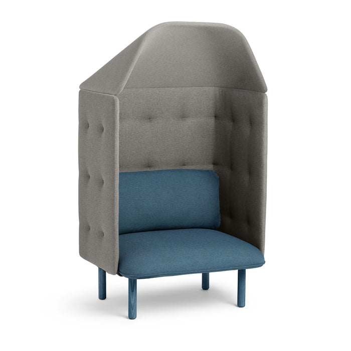High-back privacy armchair with gray tufted sides and blue cushions on white background. (Dark Blue-Gray)