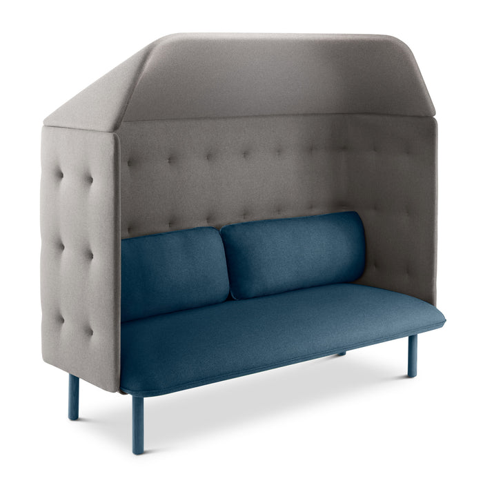 Modern gray privacy sofa with blue cushions and metal legs on white background. (Dark Blue-Gray)