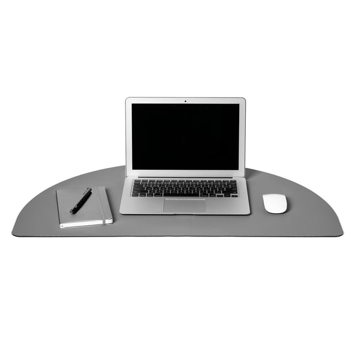 Silver laptop on desk with notepad, pen, and mouse, minimalist workspace. (Dark Gray)