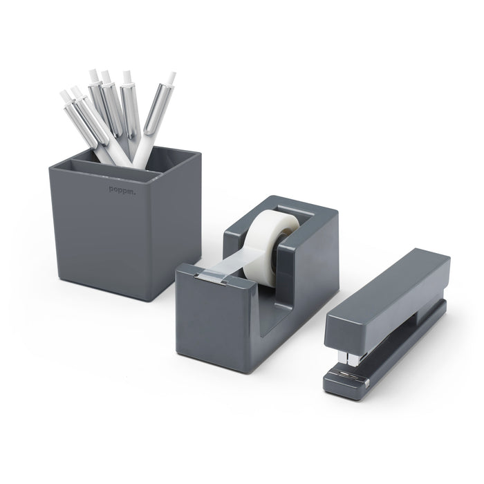 Gray desk organizer set with pen holder, tape dispenser, and stapler on white background. (Dark Gray)