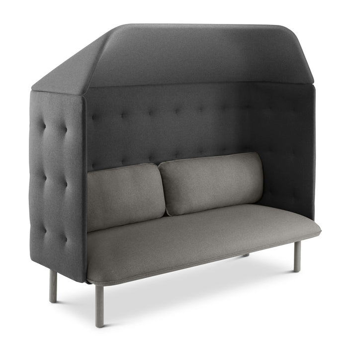 High-back gray booth-style sofa with cushions on a white background. (Gray-Dark Gray)