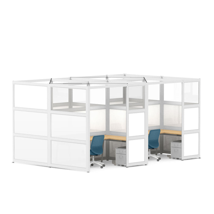 Modern office cubicles with white partitions and blue chairs. (White-Private-4)