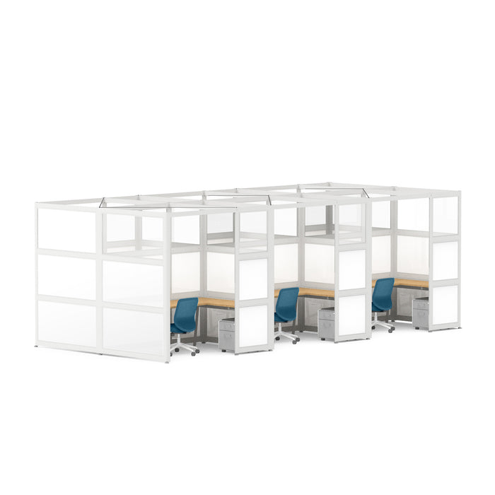 Modular office cubicles with white partitions and blue chairs in an open space office setting. (White-Private-6)