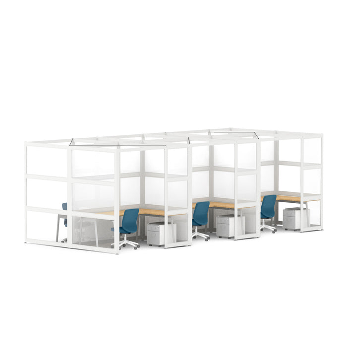 Modern office cubicles with desks and blue chairs on white background. (White-Semi-Private-6)