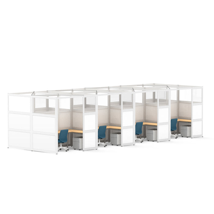 Modern office cubicles with white partitions and ergonomic chairs in a clean layout. (White-Private-8)
