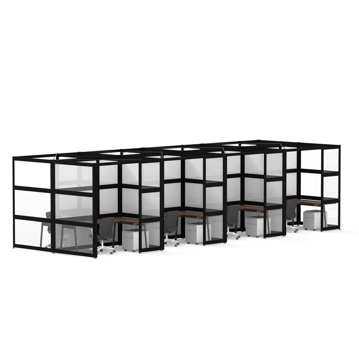 Modern office cubicles with black frames and white desks on a white background. (Black-Semi-Private-8)