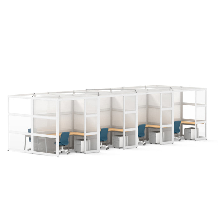 Modern office cubicles with desks and blue chairs on white background. (White-Semi-Private-8)