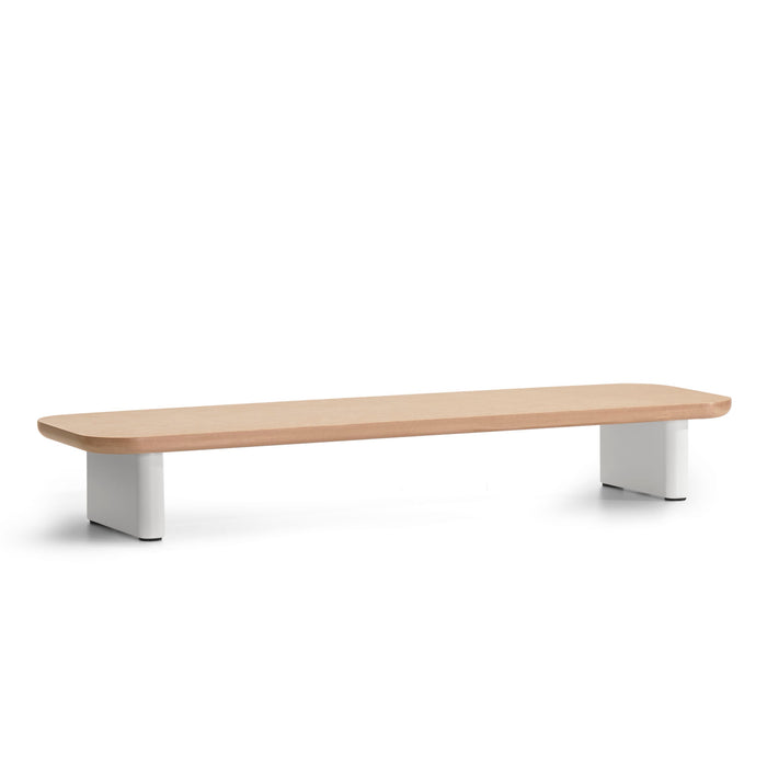 Modern minimalist wooden bench with white metal legs on a white background. (Natural Oak)